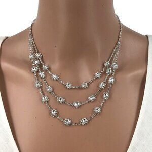 Crystal Triple Strand Necklace Silver Tone Adjustable Length Special Occasion